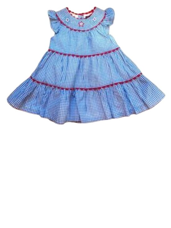 Cynthia Rowley Other - Cynthia Rowley Toddler Girls Blue Gingham Smocked Dress  Red Star Embroidery 2T